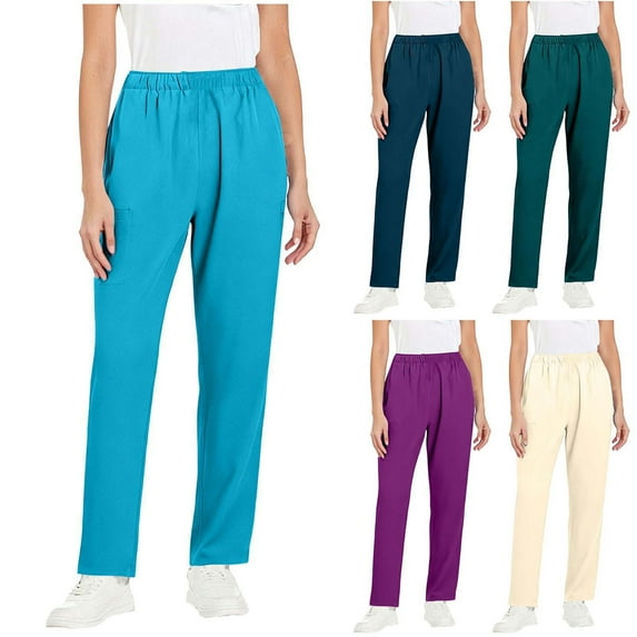 Elastic Waist Straight Leg Pants for Women, Solid Color Barrel Fit Work Trousers, Professional Nursing Scrubs with Comfort Waistband, Office Casual Pants | CSEONE,Beige XL