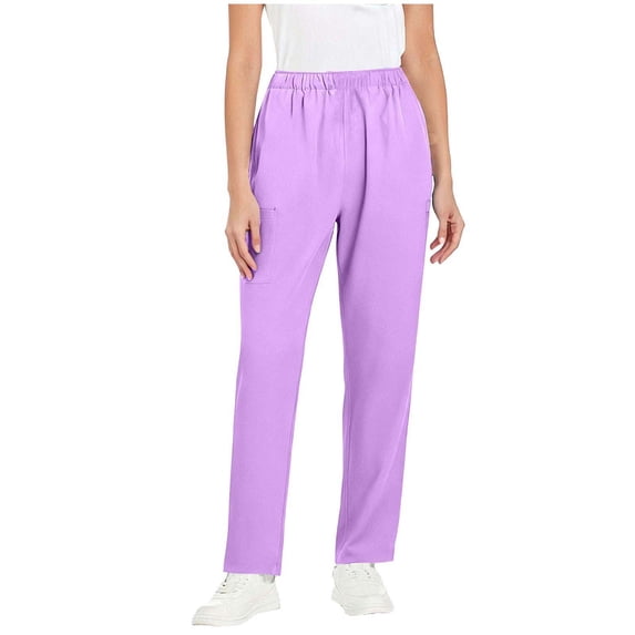 Elastic Waist Straight Pants for Women Solid Color Wide Leg Sweatpants Casual Comfy Work Trousers with Pockets