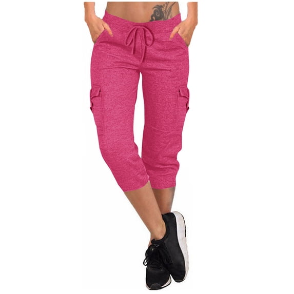 Elastic Waist Sweat Cargo Pants Women Drawstring Slim Fit Sports Joggers Summer Exercise Casual Capri Pants with Pockets