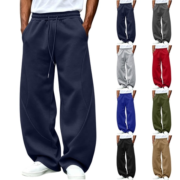 Elastic Waist Sweatpants for Men Drawstring Wide Leg Curved Seam Design Loose Straight Leg Draped Casual Streetwear Solid Color long Pants with Side Pockets