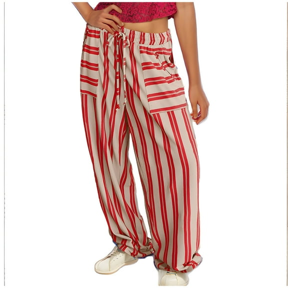 Elastic Waist Wide Leg Pants for Women Fashion Striped Loose Lounge Linen Pants Pockets Drawstring Casual Sweatpant (L, Red)