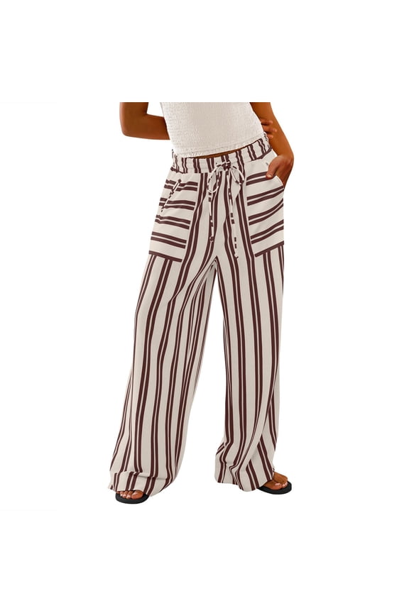 Elastic Waist Wide Leg Pants for Women Fashion Striped Loose Lounge Linen Pants Pockets Drawstring Casual Sweatpant (XL, Gray)