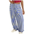 thumbnail image 1 of Elastic Waist Wide Leg Pants for Women Fashion Striped Loose Lounge Linen Pants Pockets Drawstring Casual Sweatpant (XL, Light Blue), 1 of 6