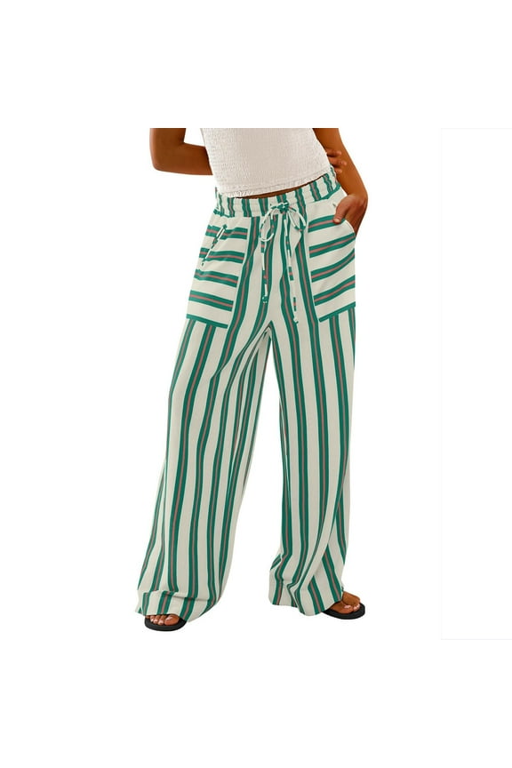 Elastic Waist Wide Leg Pants for Women Trendy Striped Loose Lounge Linen Pants Pockets Drawstring Casual Sweatpant (M, Green)