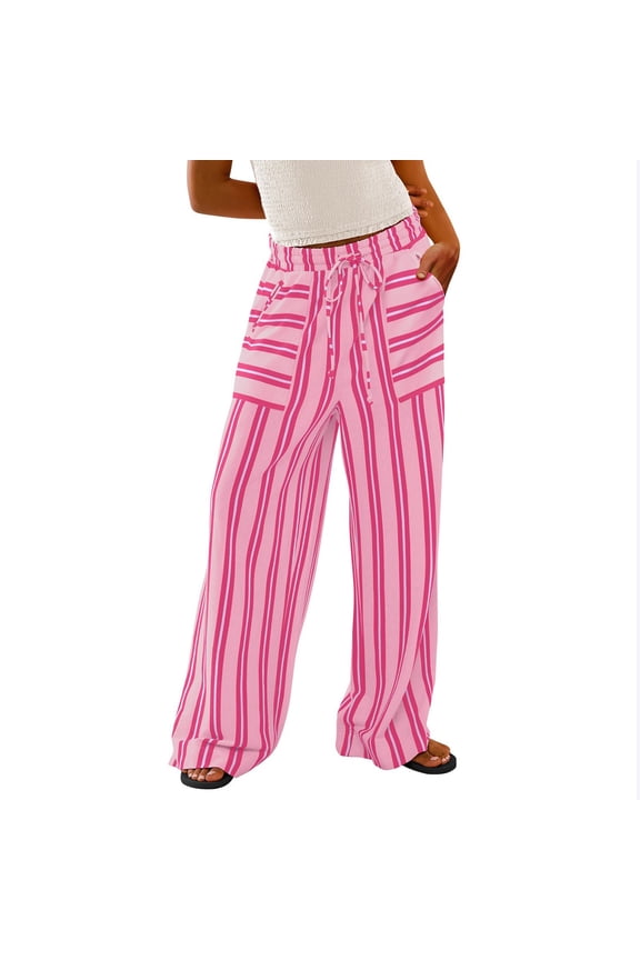 Elastic Waist Wide Leg Pants for Women Trendy Striped Loose Lounge Linen Pants Pockets Drawstring Casual Sweatpant (S, Hot Pink)