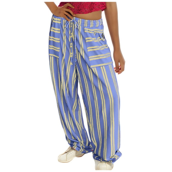Elastic Waist Wide Leg Pants for Women Trendy Striped Loose Lounge Linen Pants Pockets Drawstring Casual Sweatpant (S, Light Blue)