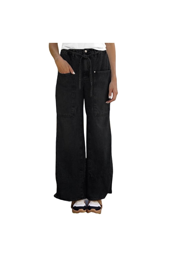 Elastic Waist Women Drawstring Mid Rise Wide Leg Long Denim Pants Jeans with Pocket