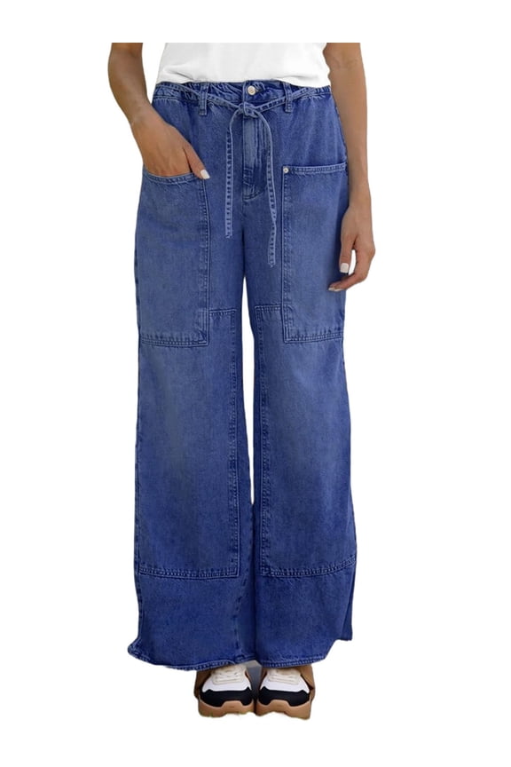 Elastic Waist Women Drawstring Mid Rise Wide Leg Long Denim Pants Jeans with Pocket