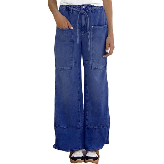 Elastic Waist Women Drawstring Mid Rise Wide Leg Long Denim Pants Jeans with Pocket