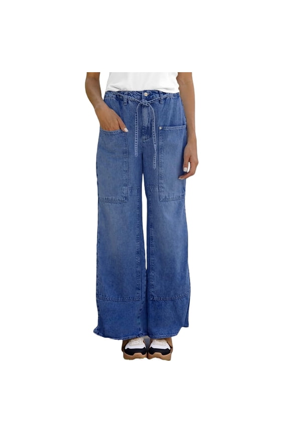 Elastic Waist Women Drawstring Mid Rise Wide Leg Long Denim Pants Jeans with Pocket