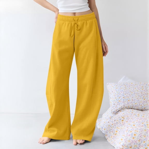 Elastic Waist Women's Solid Pants - Wide-Leg Side Pockets, Comfy Trendy Casual Full-Length Pants for Daily Wear & Office Relaxed Style Yellow M