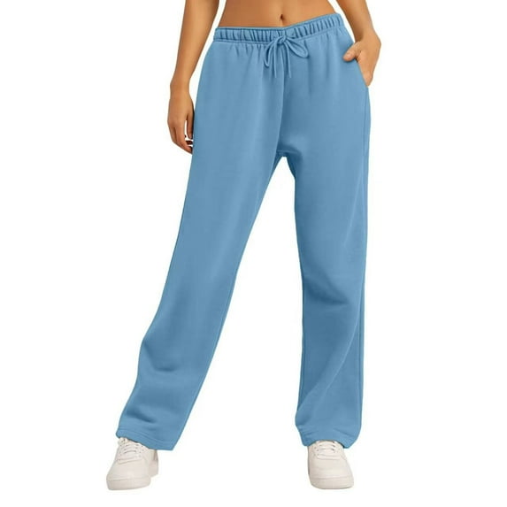 Elastic Waisted Joggers for Women Fall Winter Solid Fleece Lined Outdoor Sweatpants Casual Loose Trousers with Pockets(Blue,XL)