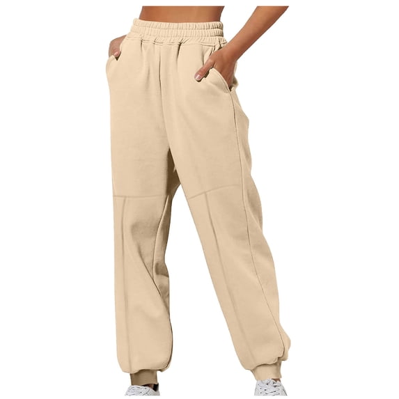 Elastic Waisted Joggers for Women Fall Winter Solid Fleece Lined Outdoor Sweatpants Casual Loose Trousers with Pockets(Khaki,XXL)