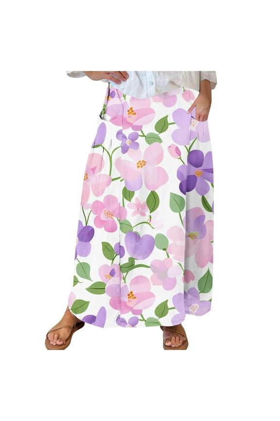 Elastic Waisted Skirts Women Patchwork Skirt Colorblock Flowy Loose Dress with Pocket