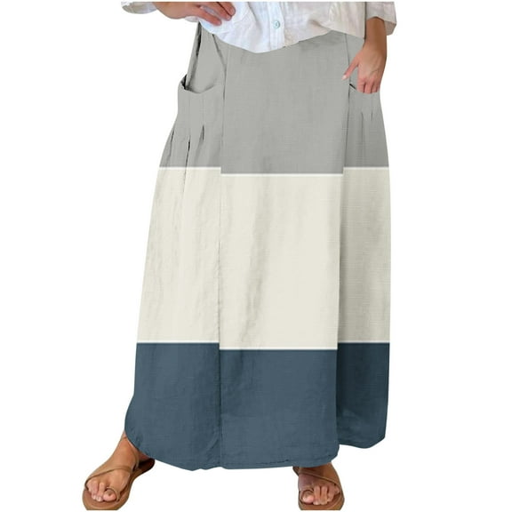 Elastic Waisted Skirts Women Patchwork Skirt Colorblock Flowy Loose Dress with Pocket