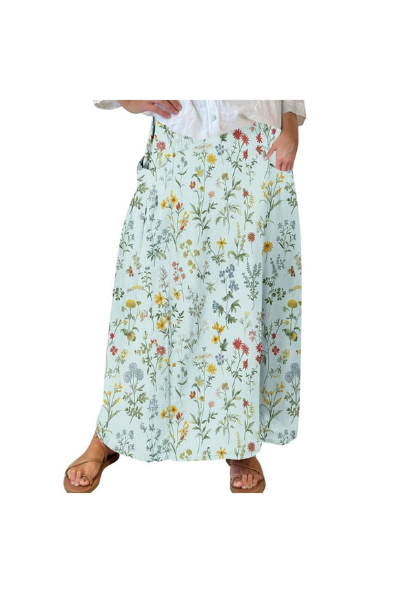 Elastic Waisted Skirts Women Patchwork Skirt Colorblock Flowy Loose Dress with Pocket