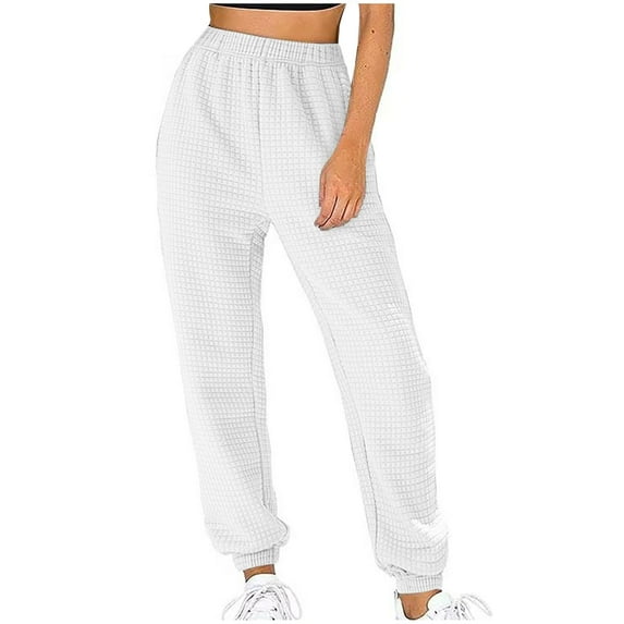 Elastic Waisted Waffle Cinched Bottom Sweatpants for Women with Pockets Loose Straight Leg Casual Joggers Pants (X-Large, White)