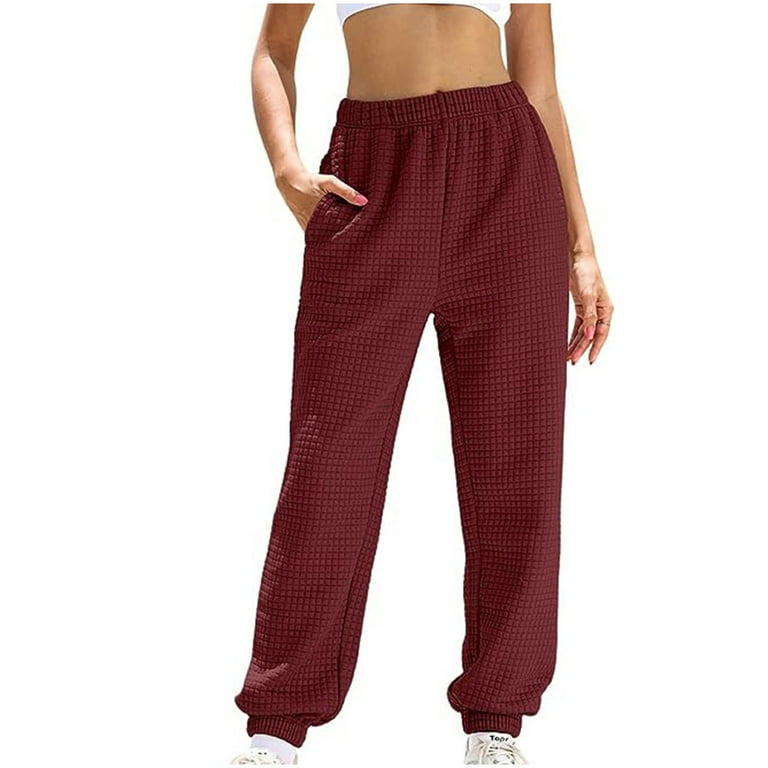 Elastic Waisted Waffle Cinched Bottom Sweatpants for Women with Pockets Loose Straight Leg Casual Joggers Pants X Large Wine Walmart