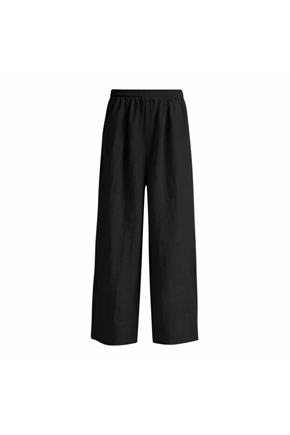 Elastic Waistlowy Casual Pants for Women Linen Wide Leg Trousers with Pockets Pants for Beach or Travel Black S
