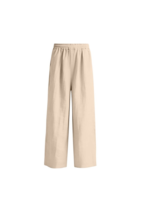 Elastic Waistlowy Casual Pants for Women Linen Wide Leg Trousers with Pockets Pants for Beach or Travel Khaki S