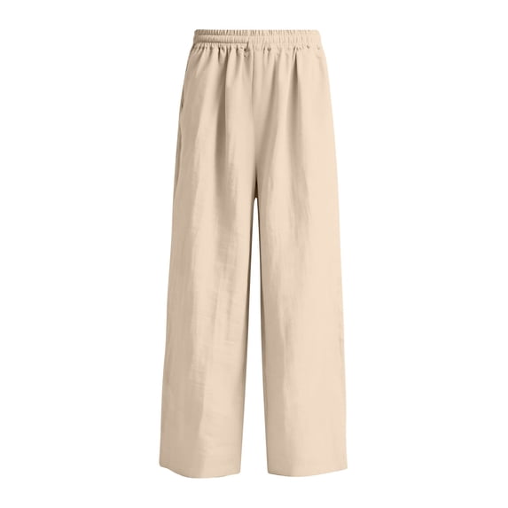 Elastic Waistlowy Casual Pants for Women Linen Wide Leg Trousers with Pockets Pants for Beach or Travel Khaki XL