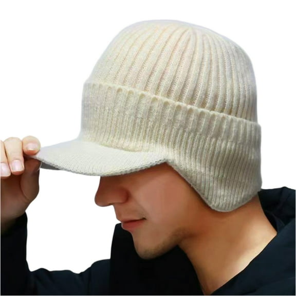 Elastic Warm Ear Protection Knitted Hat, Winter Beanie with Visor & Earflaps for Men Outdoor Winter Hats for Men 47# White Free