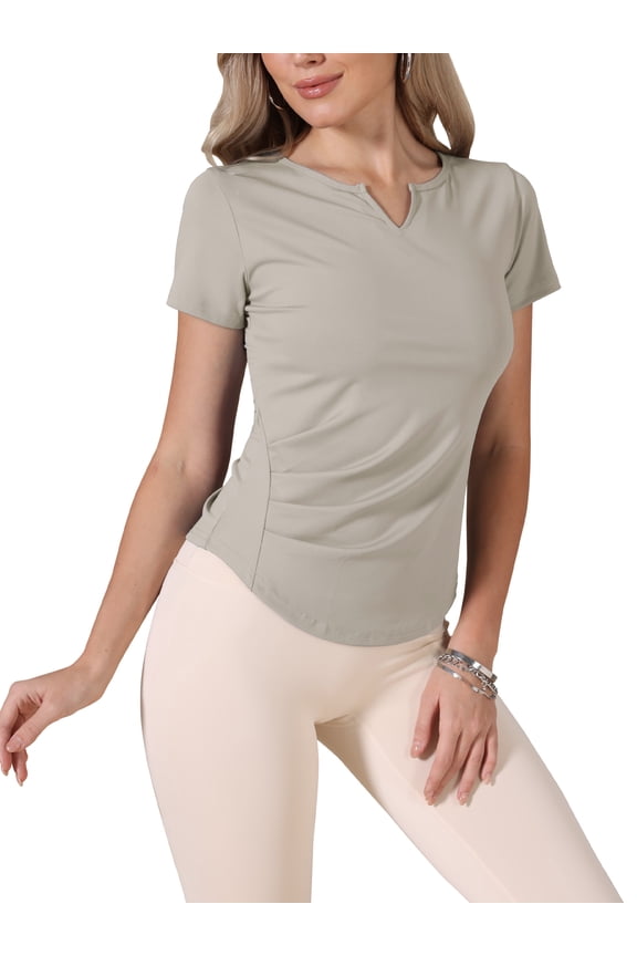 Elastic Workout Tops for Women Short Sleeve Running Gym Athletic Shirts Crewneck Quick Dry Tshirts L Grey