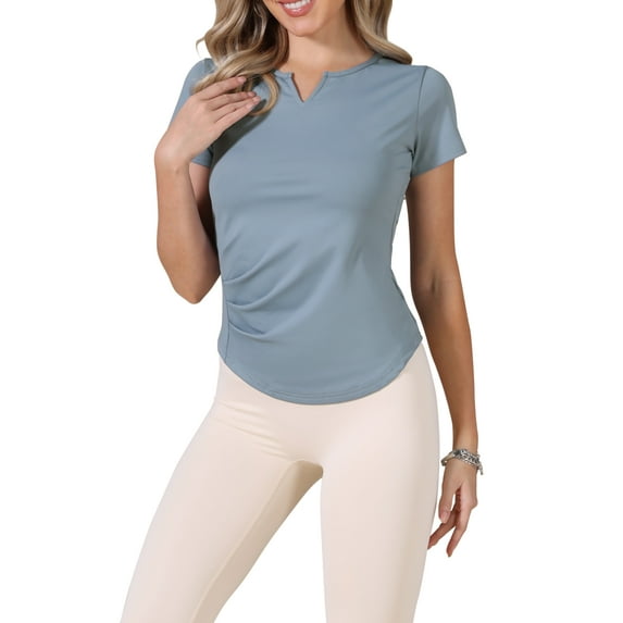 Elastic Workout Tops for Women Short Sleeve Running Gym Athletic Shirts Crewneck Quick Dry Tshirts M Grey Blue