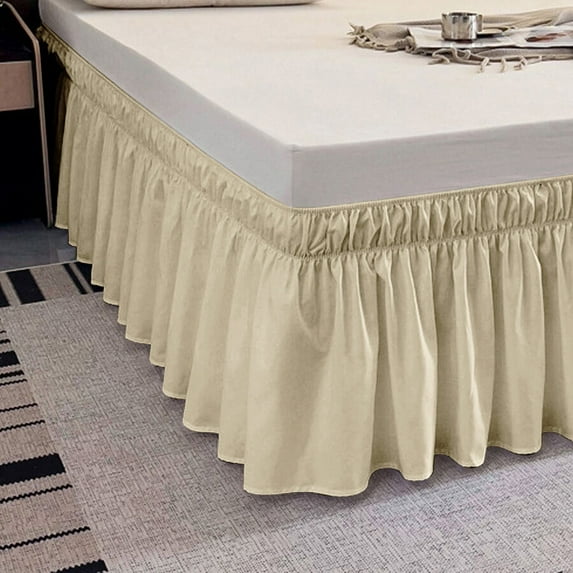 Elastic Wrap Around Bed Skirt Dust Ruffle Smooth Soft Bed Frame Cover 15-inch Drop (Queen, Khaki)