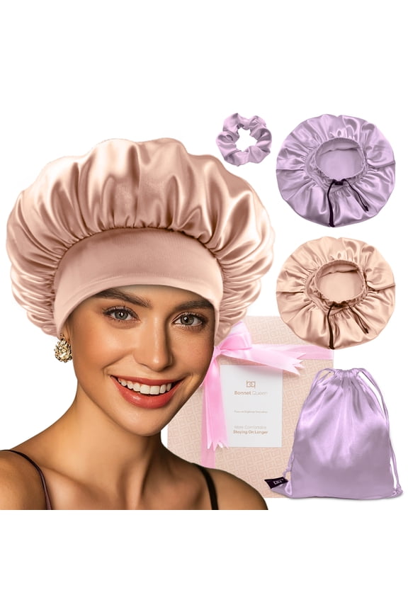 Elastic band adjustable Silk Satin Bonnet Night Cap(Grey Rose Gold+champagne, 4pcs Item Gift Pack)