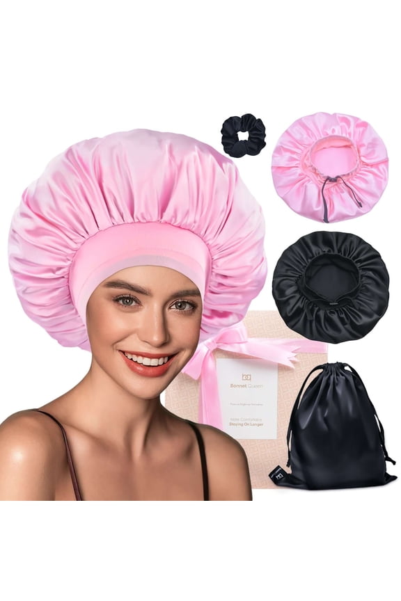 Elastic band adjustable Silky Satin Bonnet (Large, Black+Pink, 4pcs Item Gift Pack)
