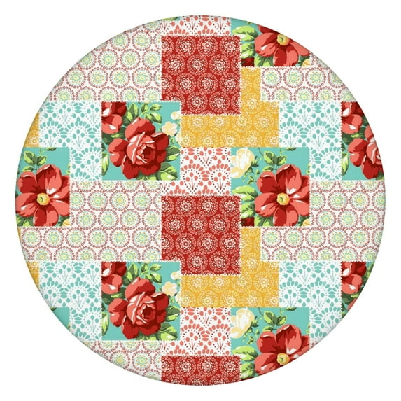 Elastic round tablecloth with floral pattern, suitable for outdoor or indoor, polyester fabric fits 44-52 inch, oversized