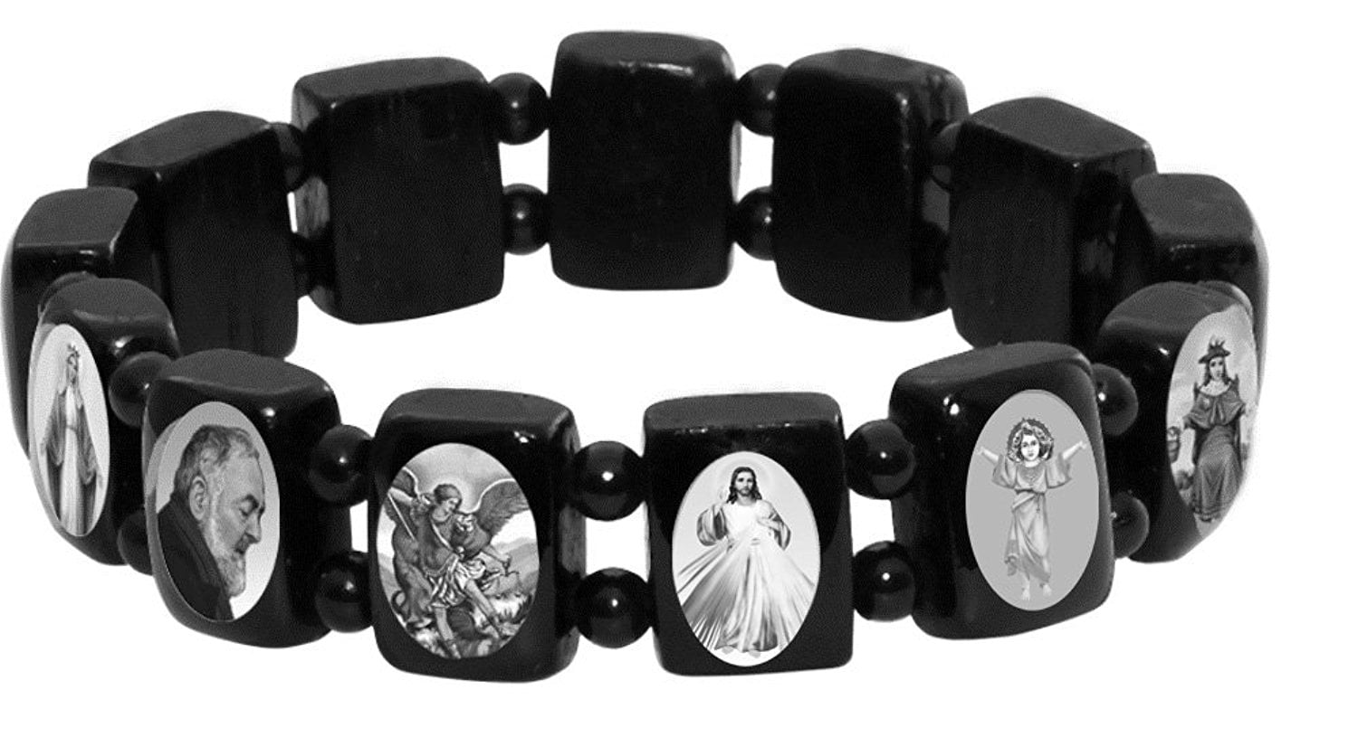 Elasticated Black Wood Bracelet with Small Square Black White