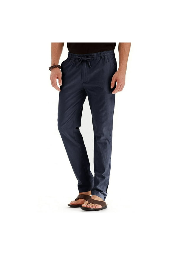 Elasticated Waist Pants for Men Solid Color Cotton Lounge Pant Straight Leg Trouser with Pockets Loose Full Length Bottoms Plain Casual Training Sports Running Trousers S-3XL