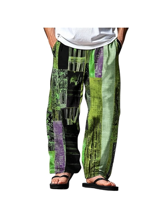 Elasticated Waist Trousers for Men Retro Pants Cotton Casual Joggers Vintage Printed Trouser Stretch Golf Running Jogging Bottoms Regular Fit Sweatpants S-5XL