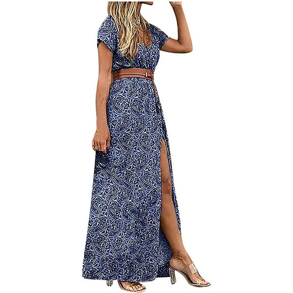 Elasticity Comfortable Short Sleeve V-Neck Print Casual Day Slit Dress For Women Everyday Wear Outfit Summer Maxi Dresses for Women Beach Vacation Clothes Long Floral Waist-Cinching Dress