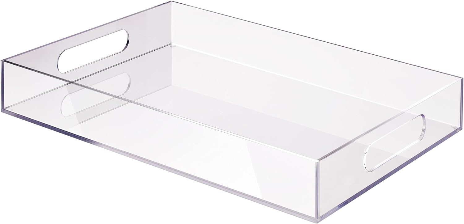 Elavain Acrylic Clear Leak Free Tray with Handles | Rectangle Sturdy Tray for Coffee Table | Large Appetizer Serving Tray, Bathroom Perfume Tray, Letter Tray Desk Organizer & Bed Tray | 12’’ x 16‘’