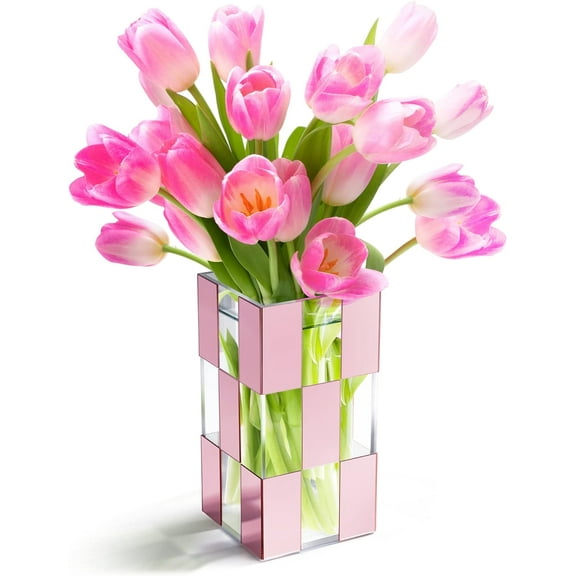 Elavain Acrylic Flower Vase, Clear & Blush Pink Mirror Checkered Design Large Vase, Great Vases for Room Décor, Home Décor, Wedding, Table Centerpieces & Home Decorations for Living Room | 9.4’’ Tall