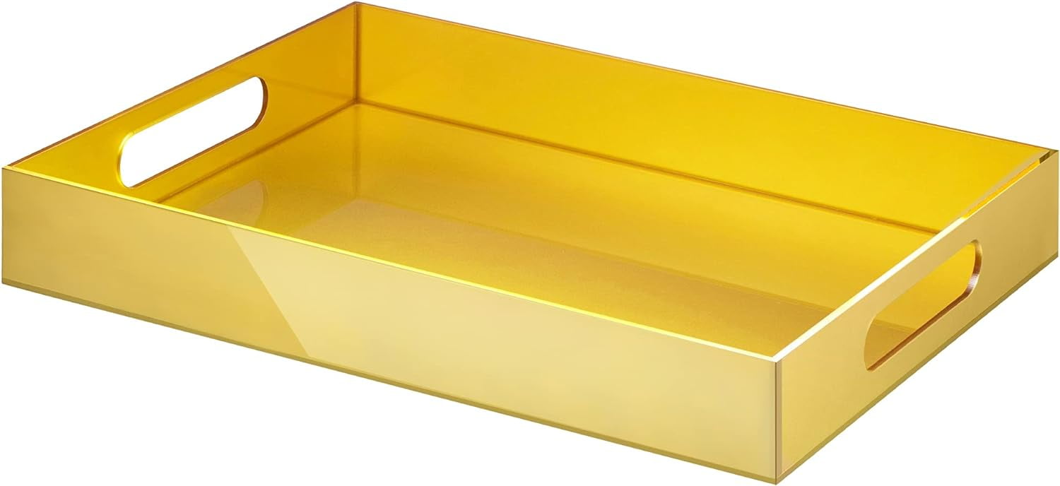 Elavain Acrylic Gold Tray for Coffee Table with Handles, Rectangle Leak Free Food Serving Tray, Large Desk Tray Organizer, Chic Countertop Jewelry Tray Organizer, Sturdy Ottoman Tray |12’’ x 16‘’