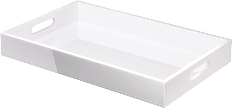 Elavain Acrylic White Serving Tray with Handles | Glossy Decorative Display Coffee Table Tray, Sturdy Ottoman Tray, Rectangle Jewelry Organizer Tray & Large Paper Tray Organizer | 15.75 ‘’ x 10.23’’