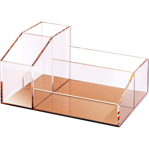 Elavain Clear Acrylic Makeup Brush Organizer with Metallic Rose Gold Base, 4 Compartment Office Organizers for Desk, For Makeup Storage Bathroom Organization, Classroom Organization & Desk Accessories
