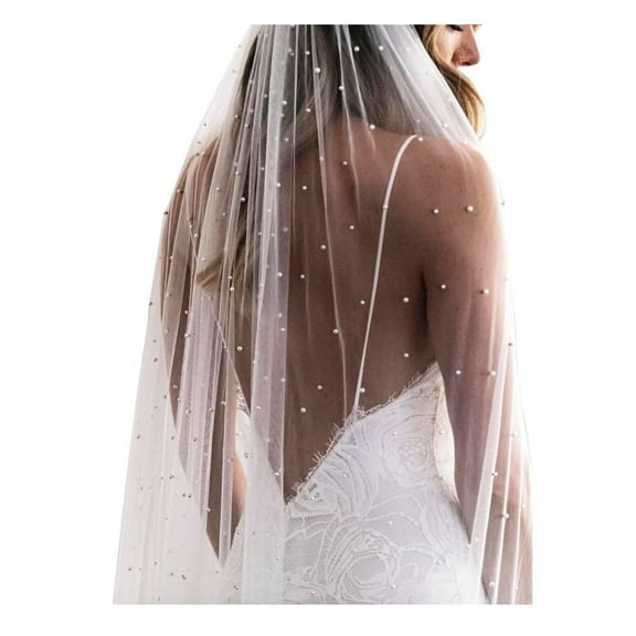 Elawbty 1 Tier Pearl Wedding Bridal Veil With Metal Comb F55, White, Chapel Length (230cm/90inch)