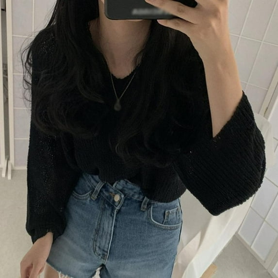 Elaydool Thin Long-sleeved Women's Sweaters Solid Color V Neck Korean Style Loose Jumper Knitwear Black