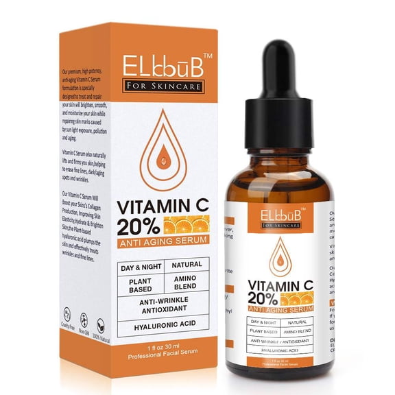 Elbbub 20% Vitamin C Serum for Face & Neck with Hyaluronic Acid, Vitamin E & Ferulic Acid, Hydrating Facial Serum, 30ml