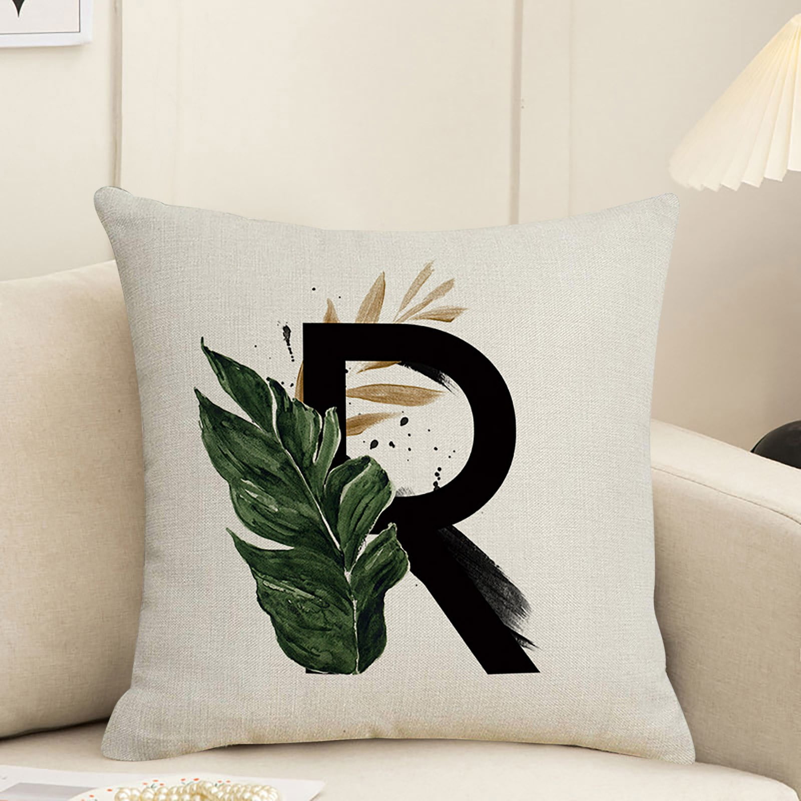 Elbeaqi Pillow Case Alphabet Decorative 18"x18" Pink Letter R Pillow Covers Floral Throw Pillow