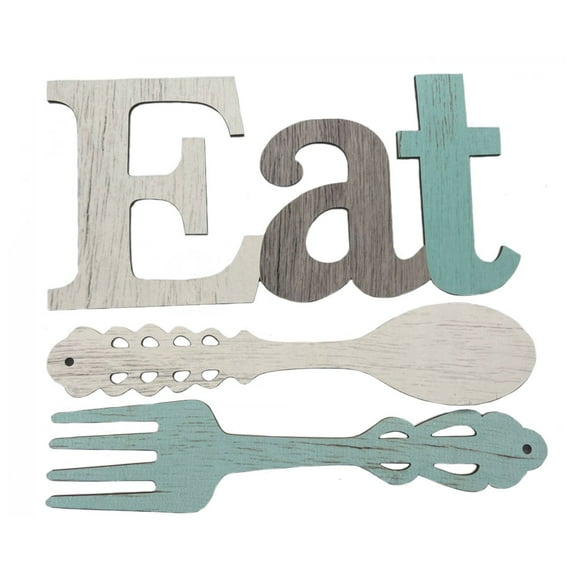 Elbeaqi Set of Eat Sign Fork and Spoon Wall Decor Rustic Wood Decoration Cute Eat Letters for Kitchen and Home Decorative Hanging Wooden Country Wall Art for Dining Room Light Blue