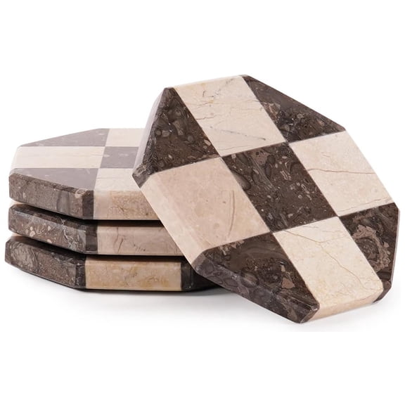 Elborse Marble Coasters for Drink Set of 4 Handmade 4 inch Oceanic and Verona Star Checkered Heat Resistant Cup Coasters, Elegant Stone Coasters for Home, Office and Kitchen Decor