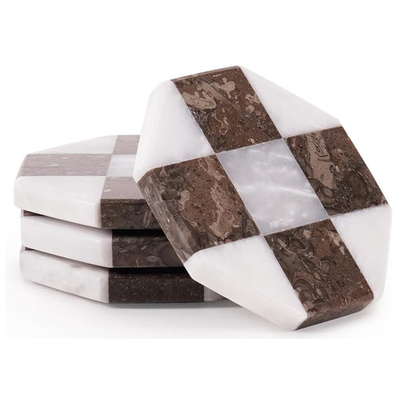 Elborse Marble Coasters Set of 4 Handmade 4 inch White and Oceanic Star Checkered Coasters for Drink, Elegant Stone Coasters for Home, Office and Kitchen Décor
