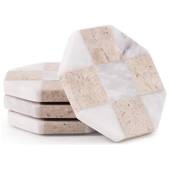 Elborse Marble Coasters Set of 4 Handmade 4 inch White and Travertine Star Checkered Coasters for Drink, Ideal Coaster Set for Dining and Coffee Table Decor