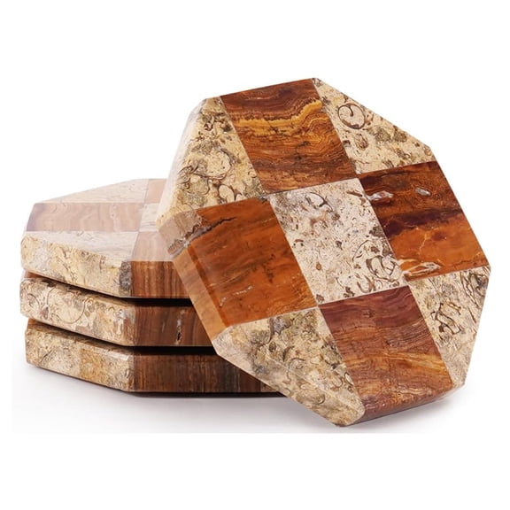 Elborse Marble Coasters for Drink Set of 4 Handmade 4 inch Coral and Red Star Checkered Heat Resistant Cup Coasters, Ideal Coaster Set for Dining and Coffee Table Décor and Housewarming Gift